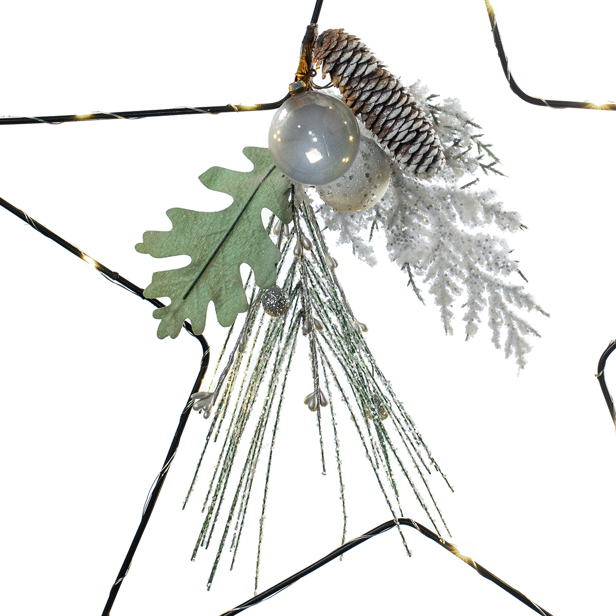 50cm Battery Hanging Star Light with Silver Berries & Pinecones
