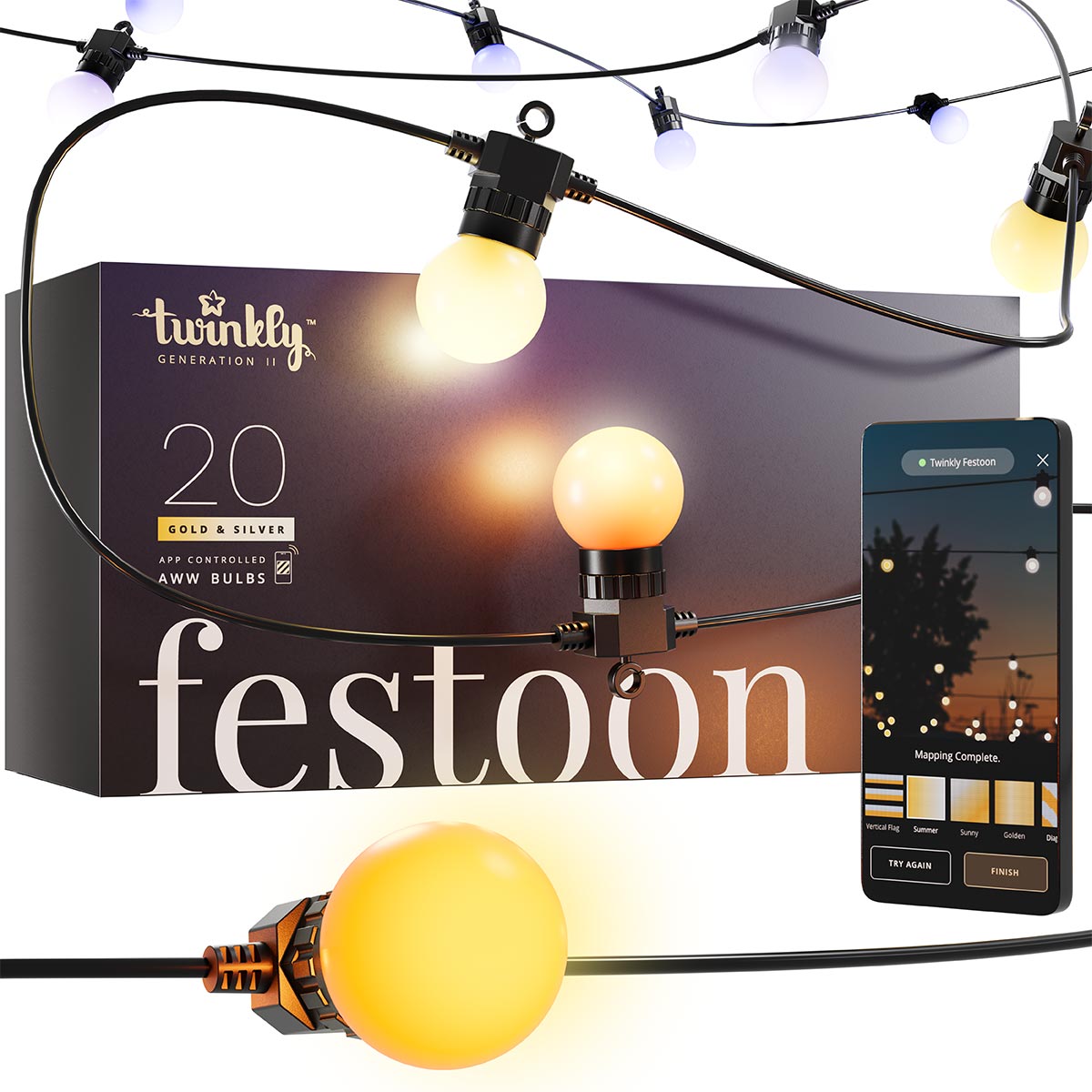 Smart App Controlled Twinkly Festoon Lights, Gold Edition - Gen II