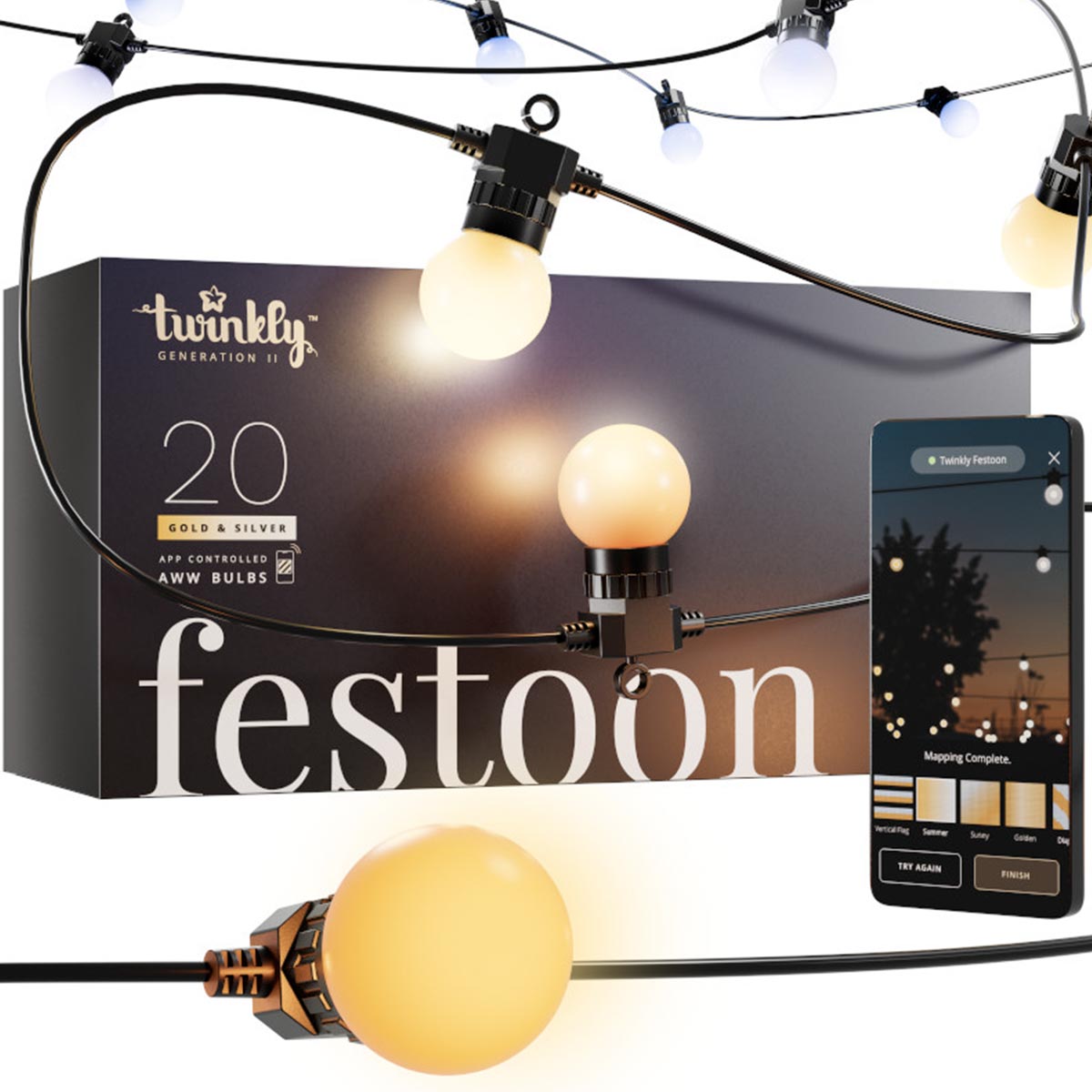 Smart App Controlled Twinkly Festoon Lights, Gold Edition - Gen II