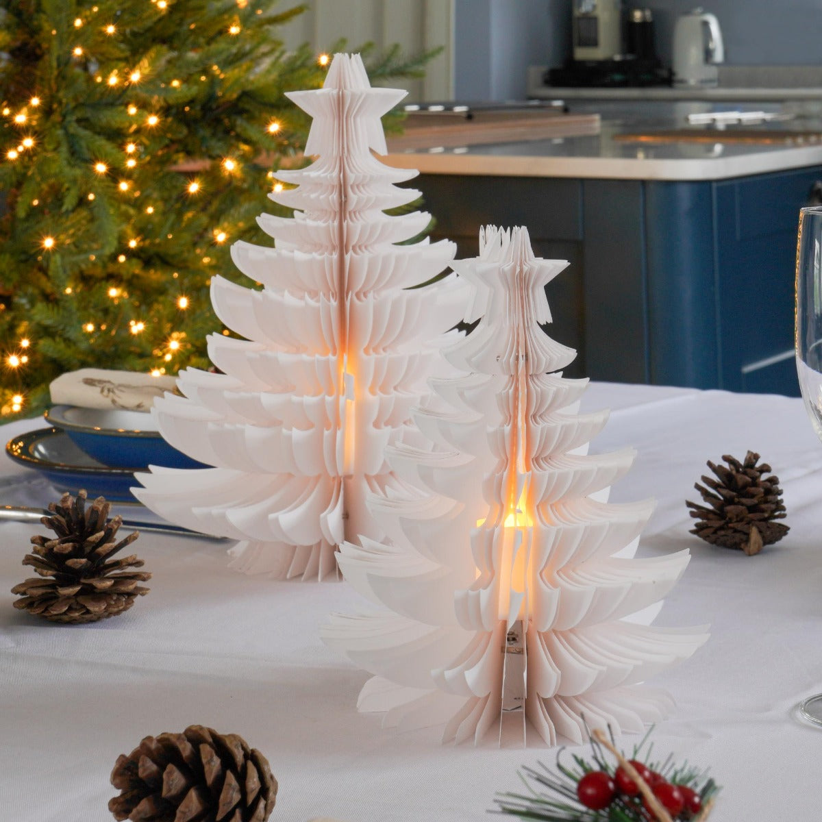 Battery Cream Paper Christmas Tree, Twinkling LEDs, 2 Pack