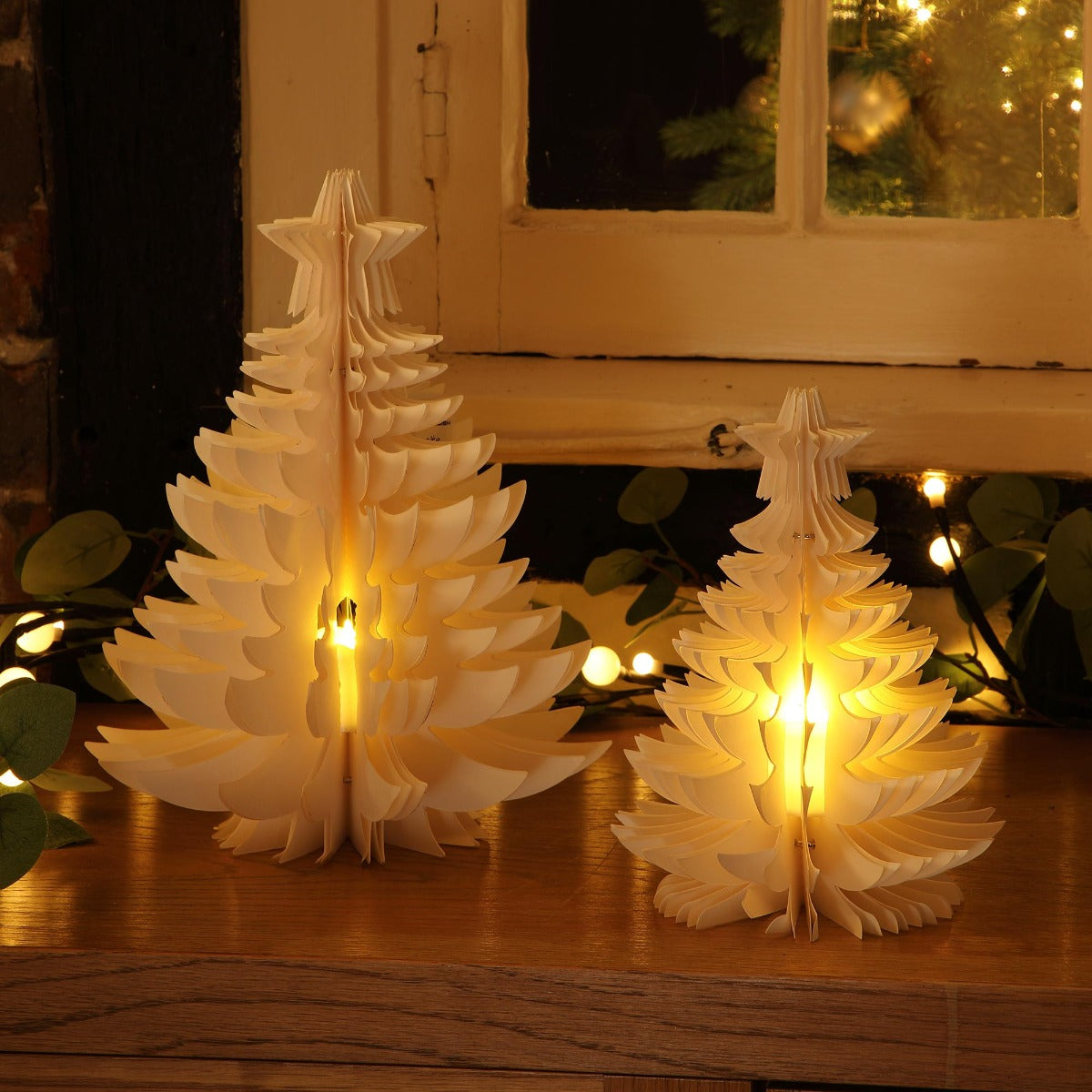 Battery Cream Paper Christmas Tree, Twinkling LEDs, 2 Pack