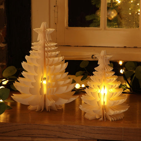 Battery Cream Paper Christmas Tree, Twinkling LEDs, 2 Pack