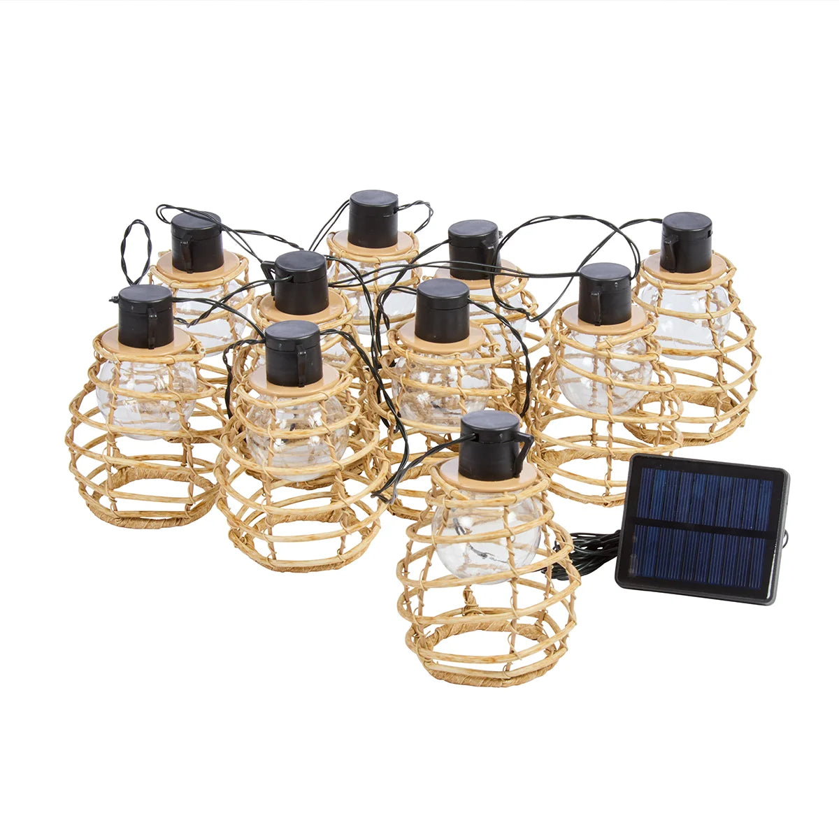 10 Cage Lantern Solar Fairy Lights Rattan Effect Warm White 2.7m