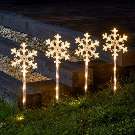 4 Warm White Outdoor Battery Snowflake Christmas Light Stakes 43cm