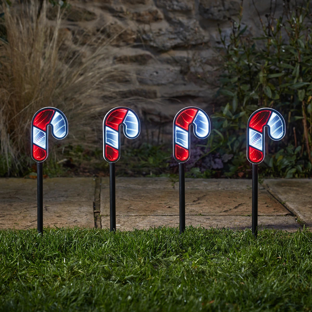 Set of 4 Infinity Mirror Candy Cane Outdoor Christmas Stake Lights