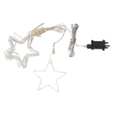 White star-shaped string Christmas lights with a coiled cord, a loose star outline, and a black power adapter on a plain white background.