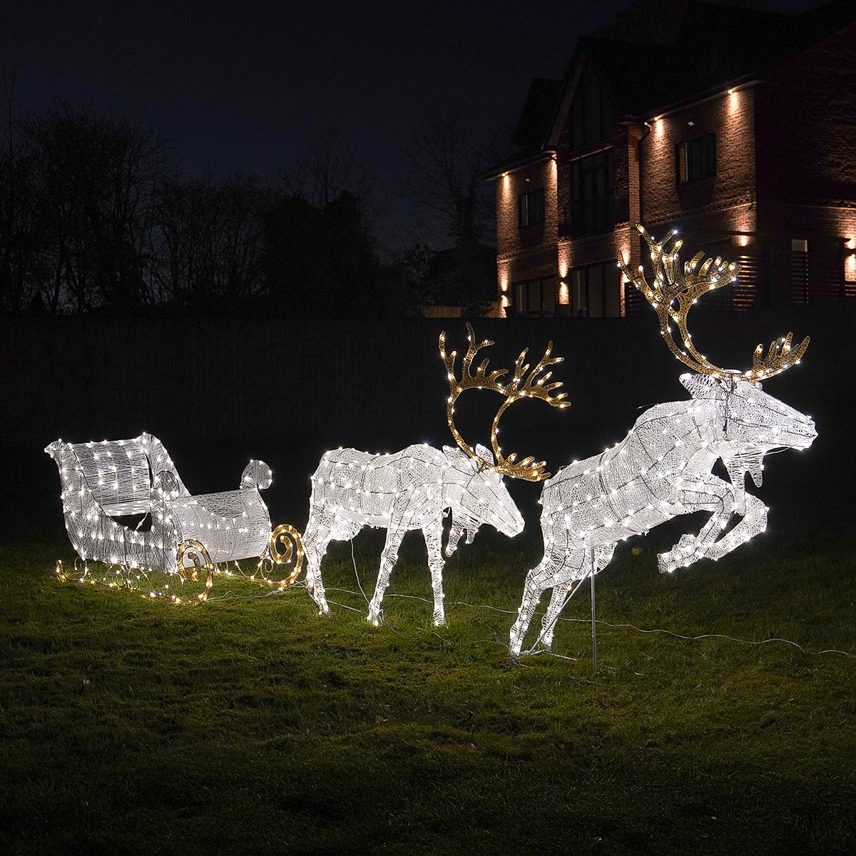 Outdoor Dual LED Light up Reindeer and Sleigh Christmas Figures