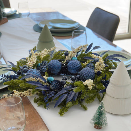 40cm Blue Bauble & White Foliage Decoration Christmas Wreath