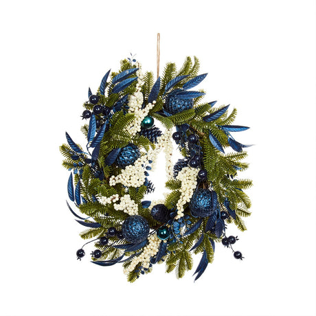40cm Blue Bauble & White Foliage Decoration Christmas Wreath