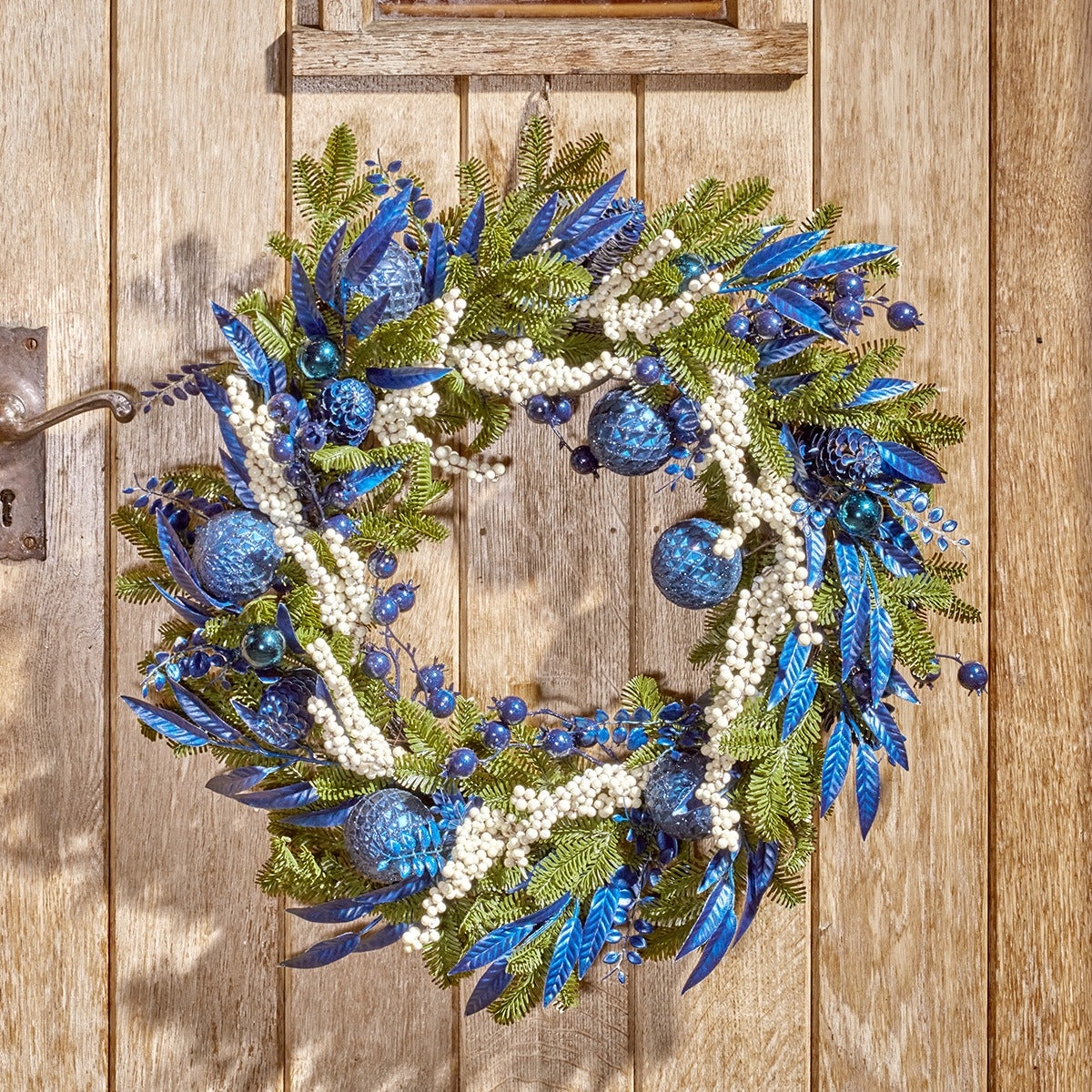 40cm Blue Bauble & White Foliage Decoration Christmas Wreath