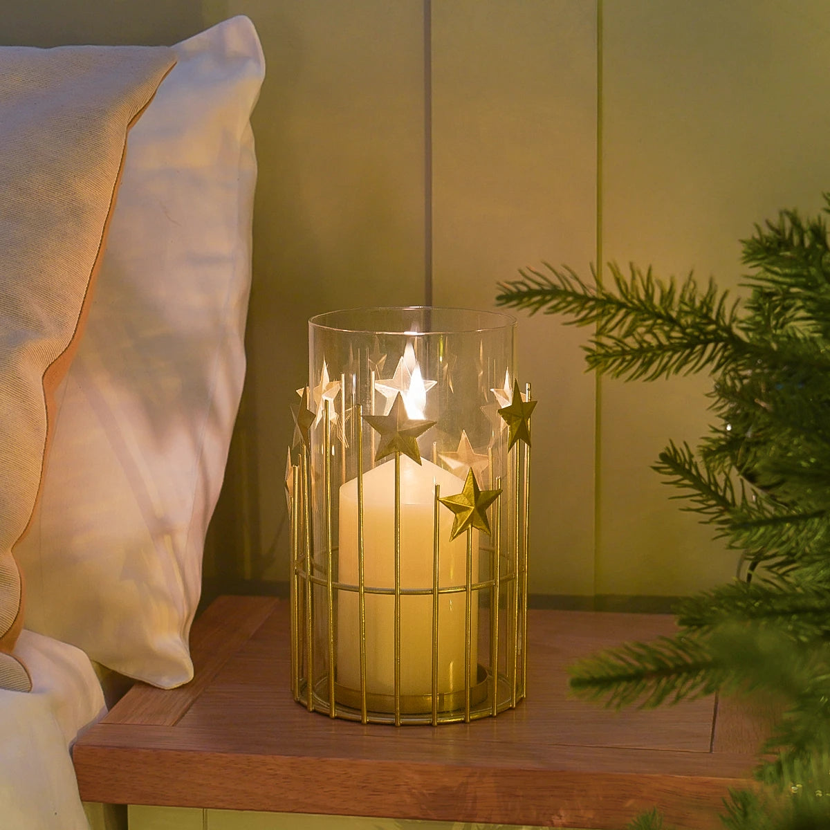 Gold Stars Christmas Candle Holder Lantern 20cm