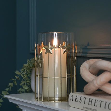 Gold Stars Christmas Candle Holder Lantern 20cm