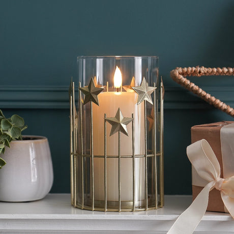 Gold Stars Christmas Candle Holder Lantern 20cm