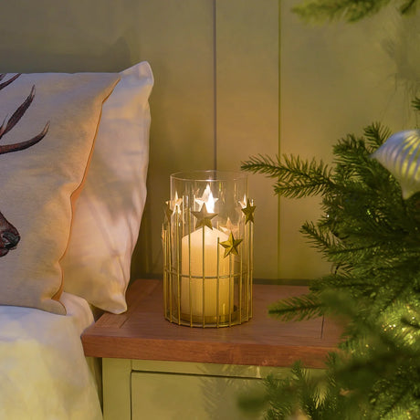 Gold Stars Christmas Candle Holder Lantern 20cm