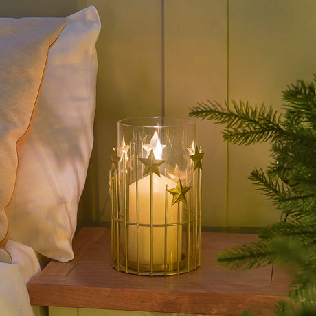 Gold Stars Christmas Candle Holder Lantern 20cm