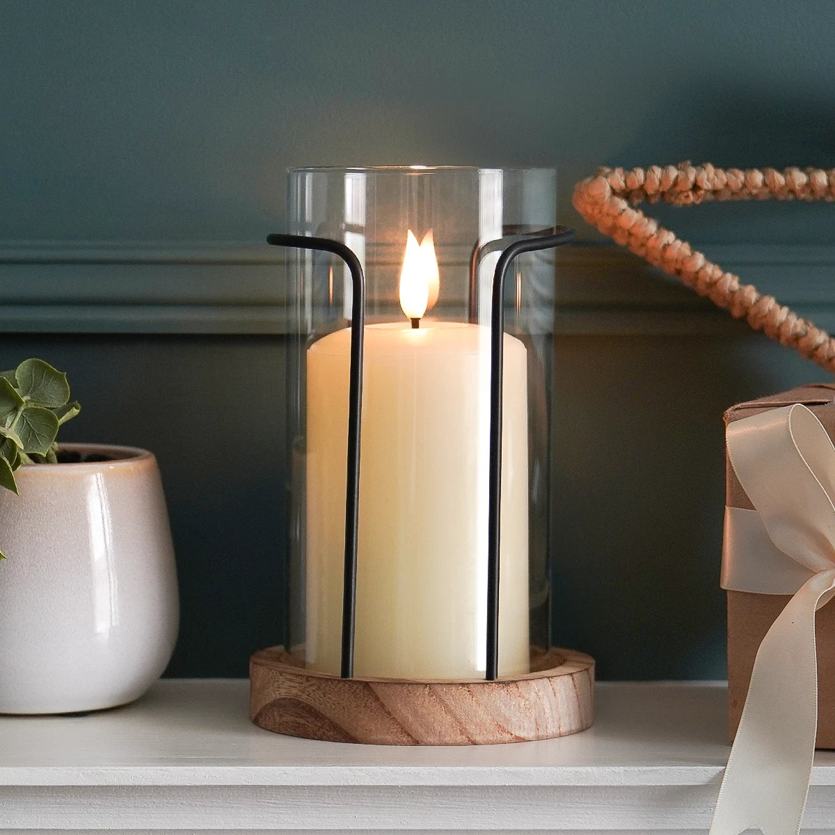 Hurricane Glass Candle Holder with Wooden Base