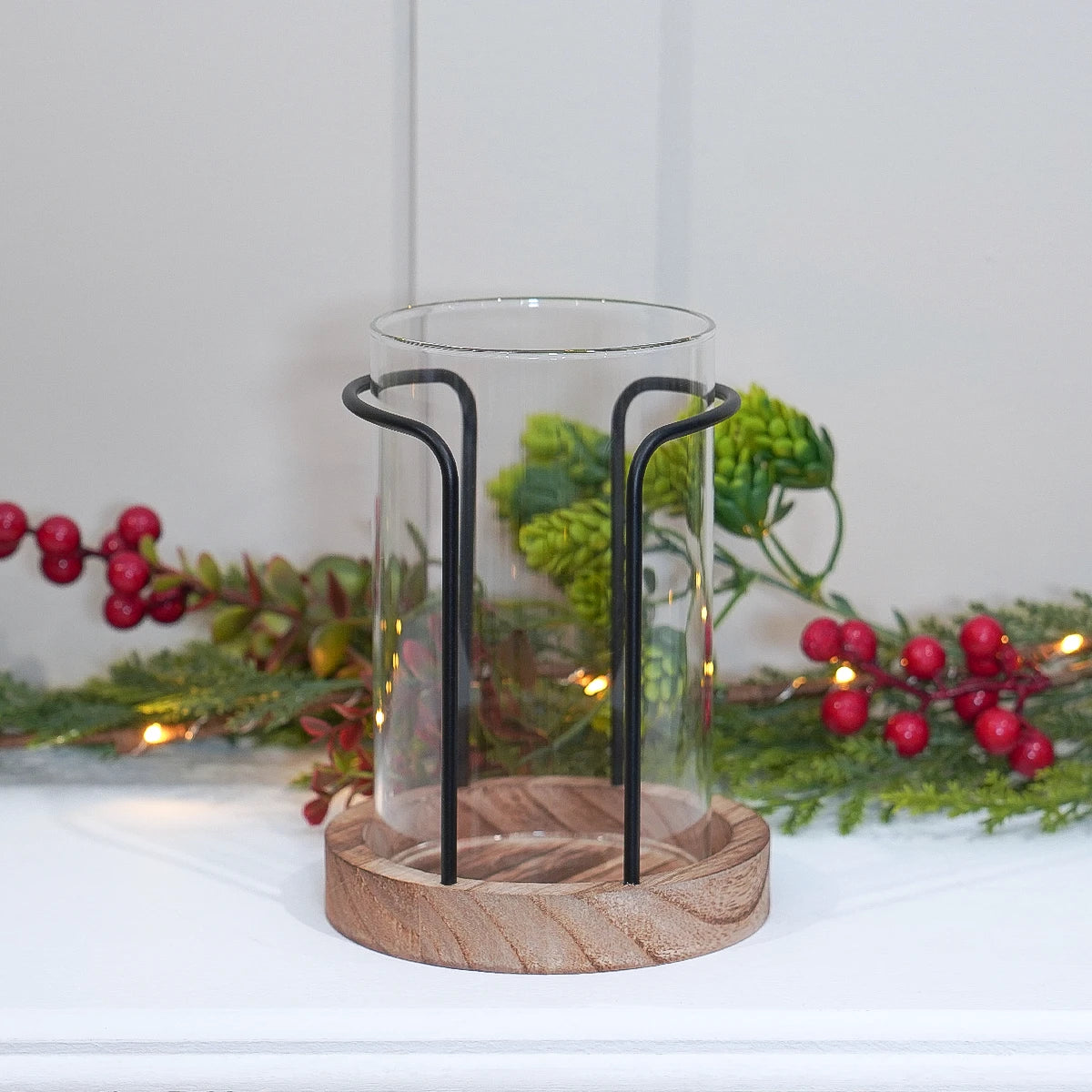 Hurricane Glass Candle Holder with Wooden Base