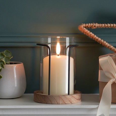Hurricane Glass Candle Holder with Wooden Base