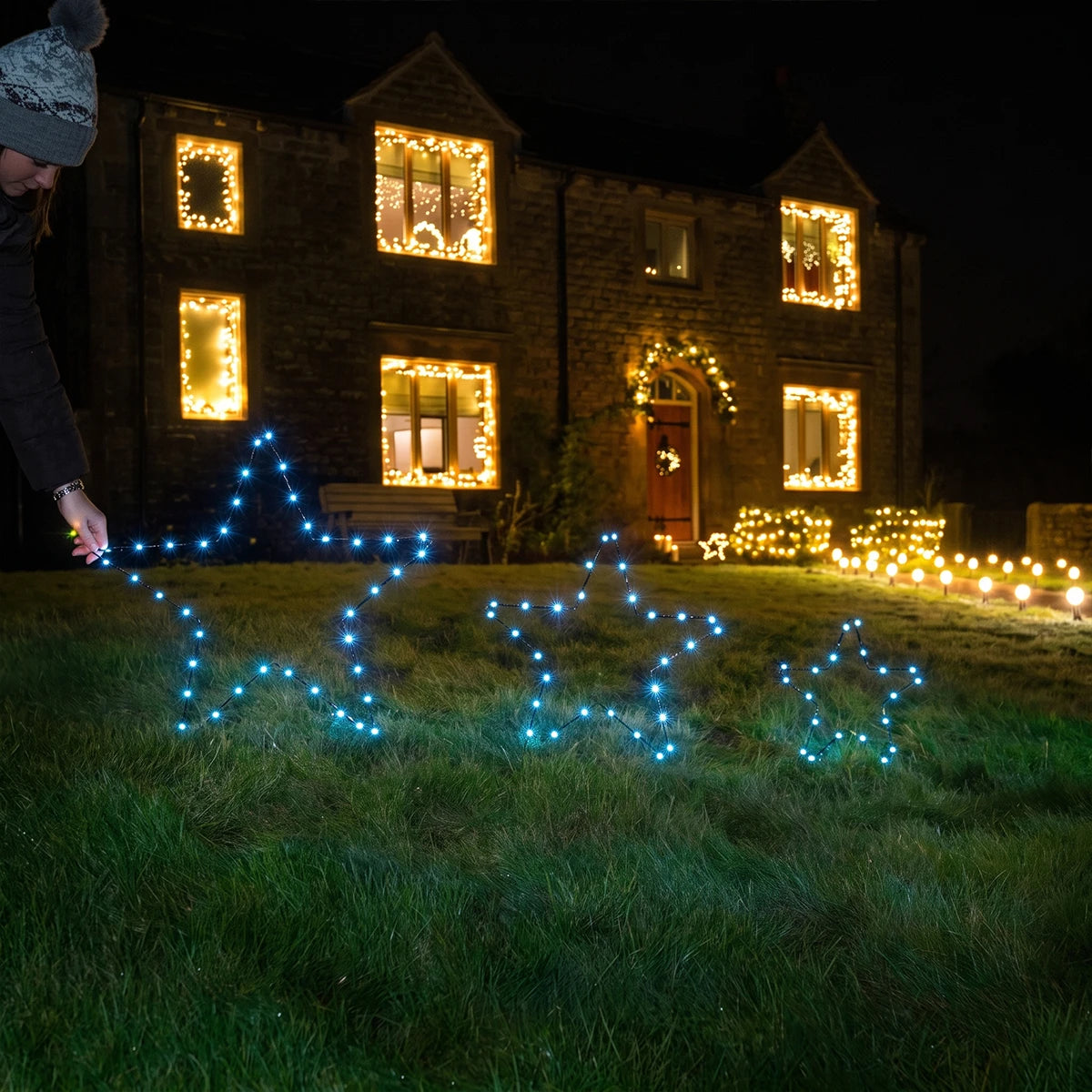 3 x Outdoor Battery Christmas Star Stake Lights Dual Colour LEDs Warm White & White