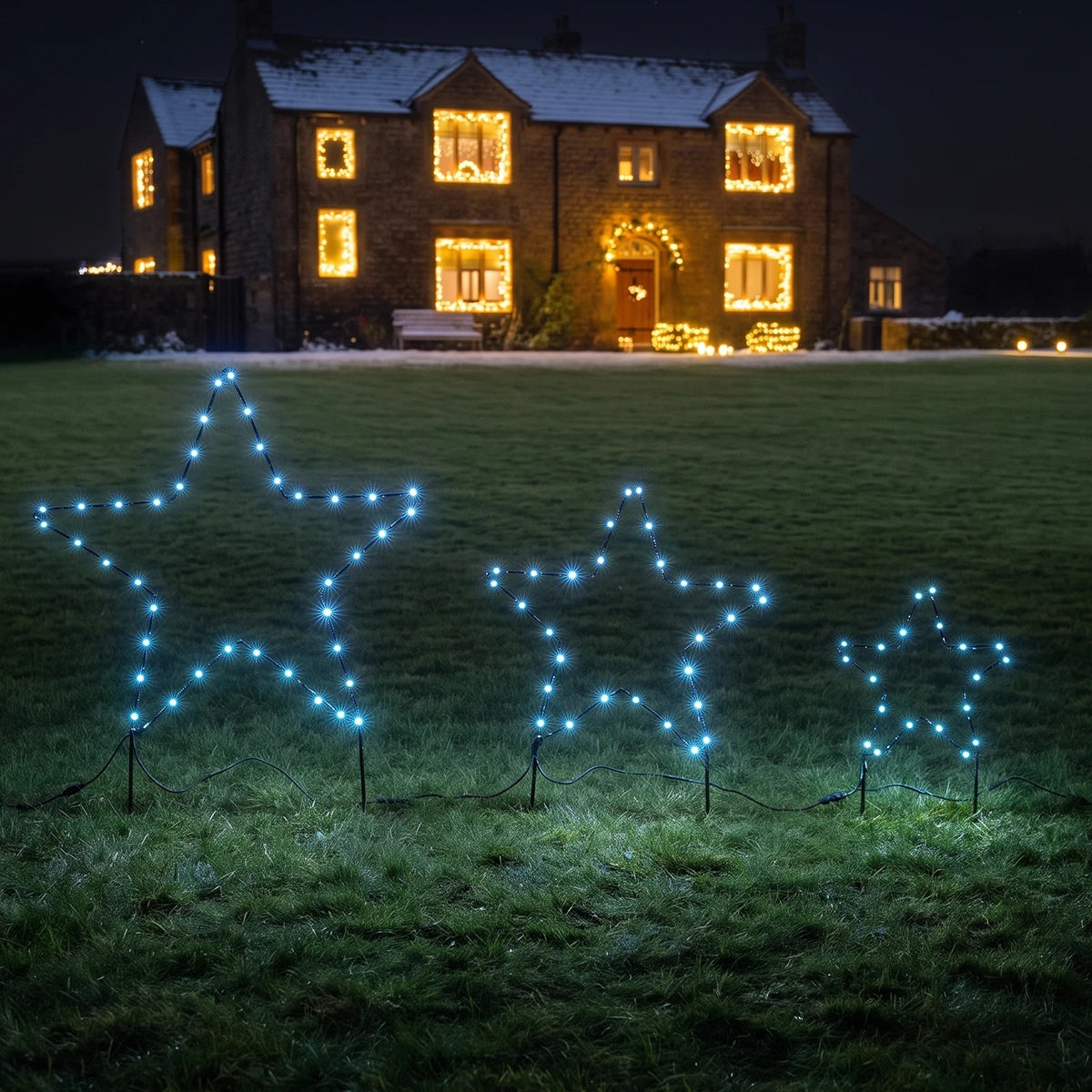 3 x Outdoor Battery Christmas Star Stake Lights Dual Colour LEDs Warm White & White