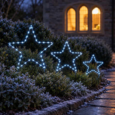 3 x Outdoor Battery Christmas Star Stake Lights Dual Colour LEDs Warm White & White