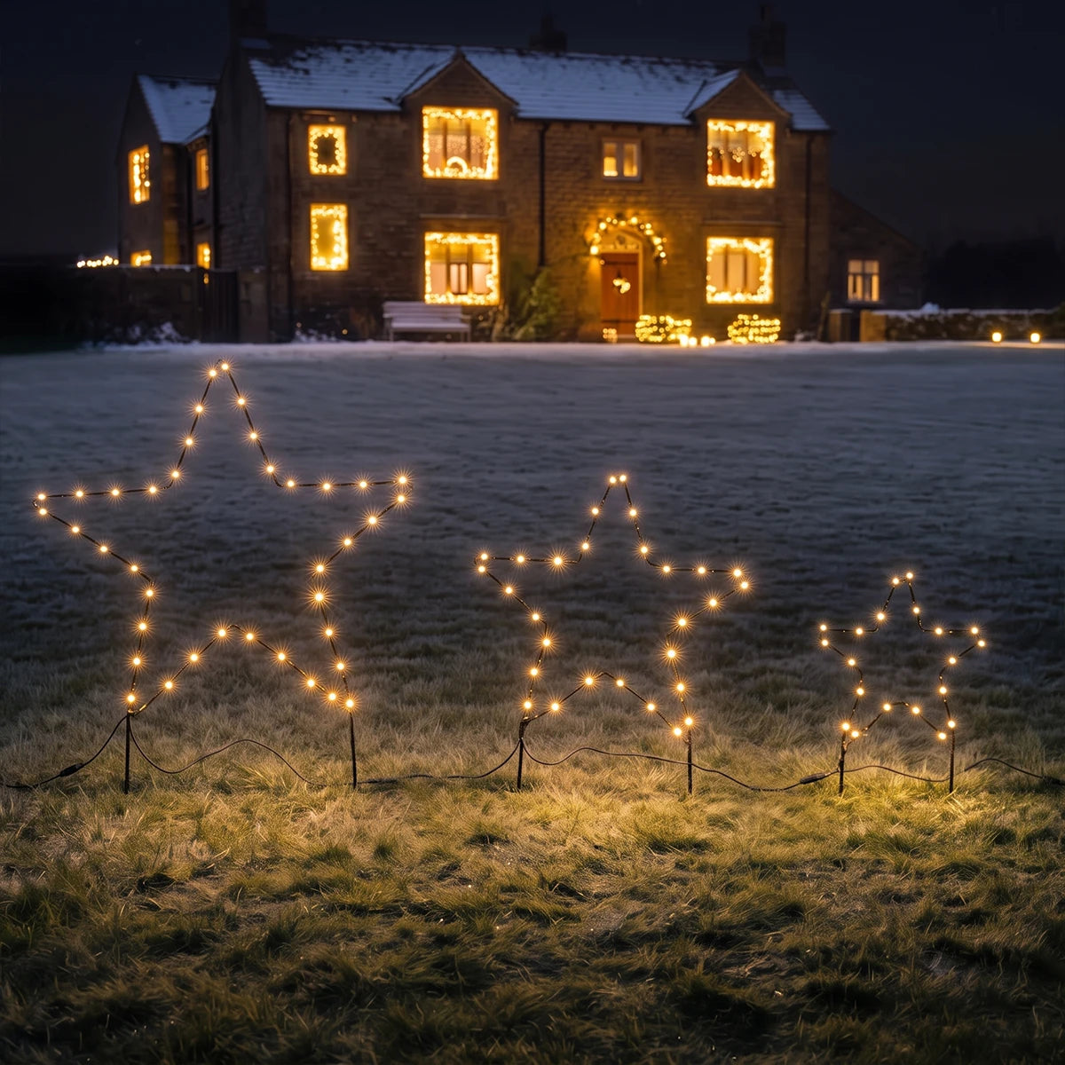 3 x Outdoor Battery Christmas Star Stake Lights Dual Colour LEDs Warm White & White