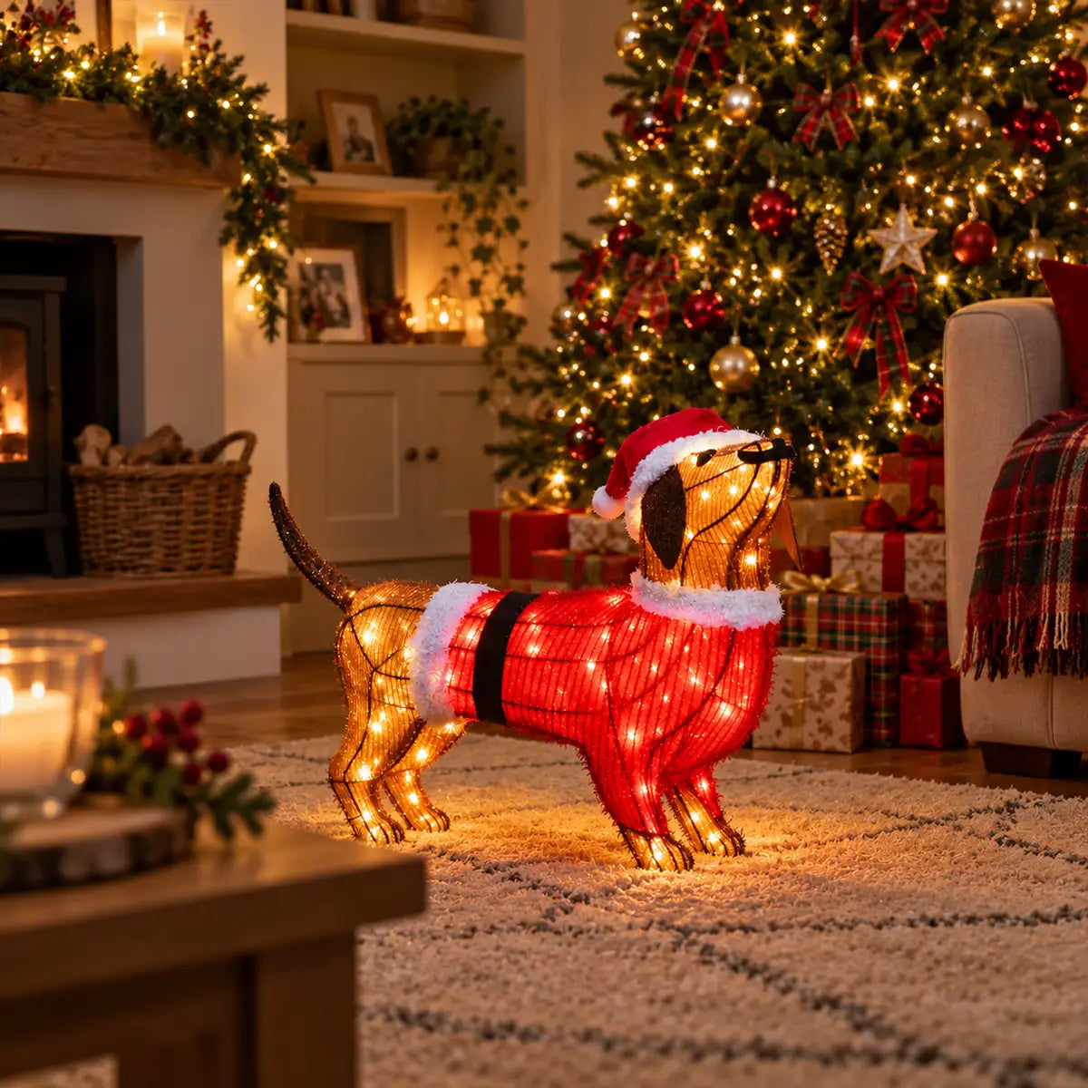 A wire-frame dachshund holiday decoration wearing a red Santa suit and Santa hat, glowing with warm lights in a cozy Christmas living room next to a decorated tree and wrapped gifts.