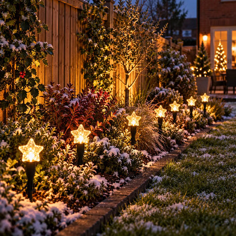 A row of glowing star-shaped solar garden lights placed along a snowy garden bed beside a wooden fence at dusk, with warm light illuminating plants and grass.