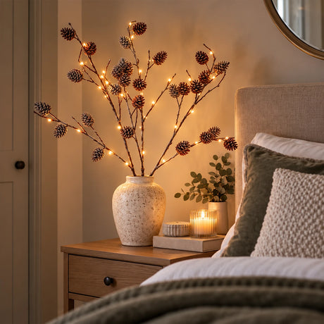3 x Snowy Pinecone Battery Twig Lights 60 Warm White LEDs