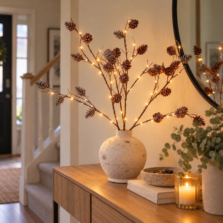 3 x Snowy Pinecone Battery Twig Lights 60 Warm White LEDs