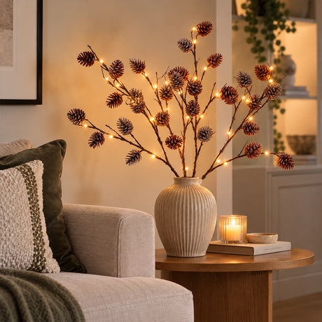 3 x Snowy Pinecone Battery Twig Lights 60 Warm White LEDs