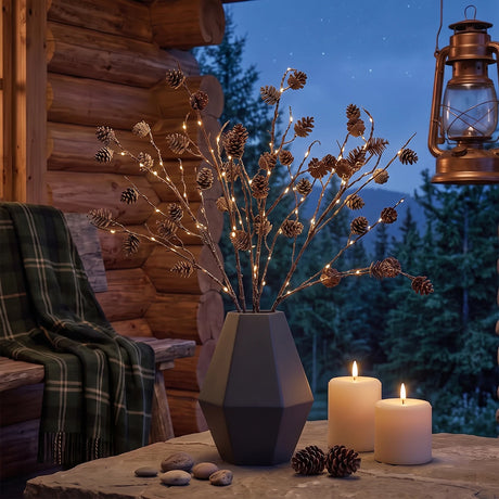 3 x Snowy Pinecone Battery Twig Lights 60 Warm White LEDs