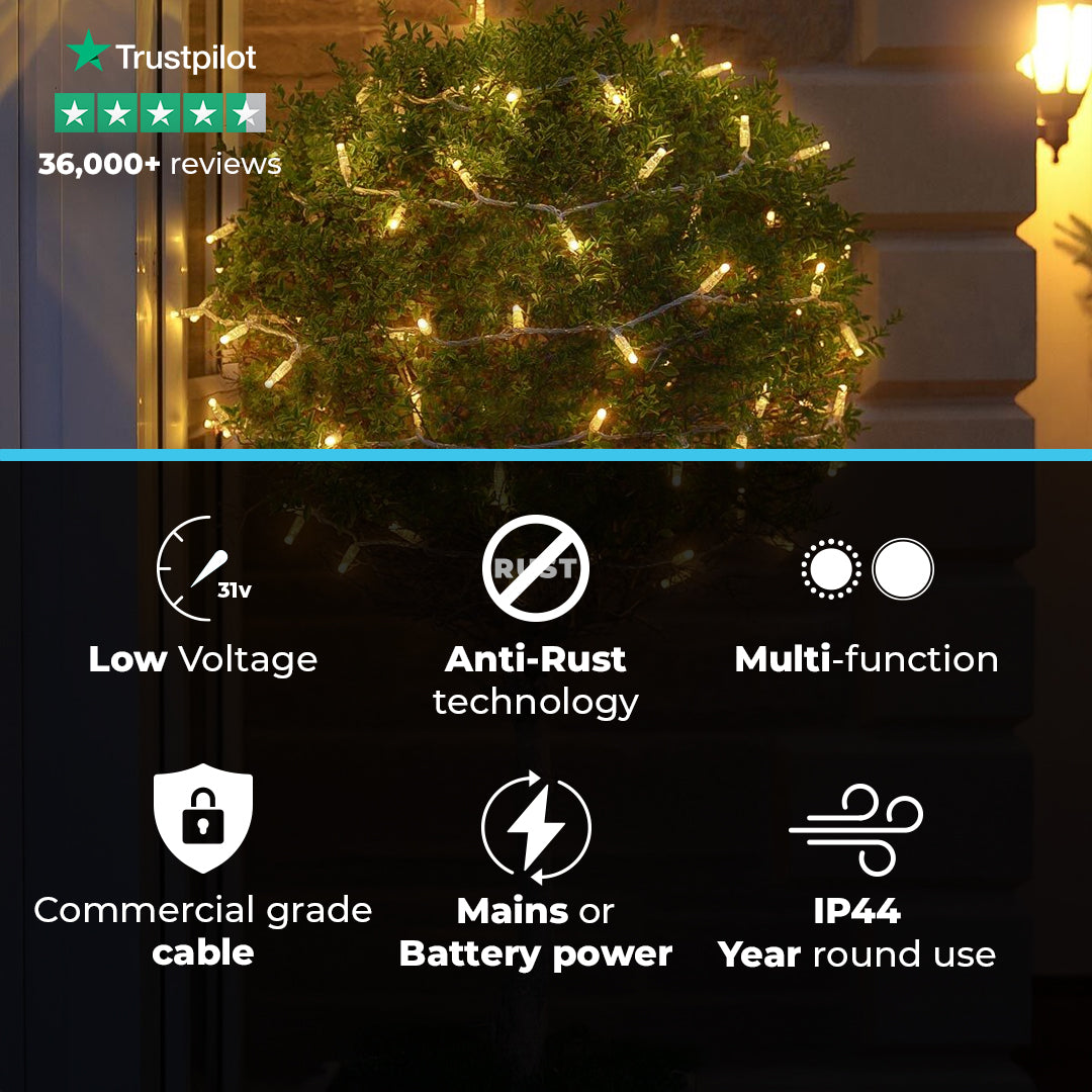 ConnectGo® Warm White Connectable Outdoor Fairy Lights Clear Rubber Cable
