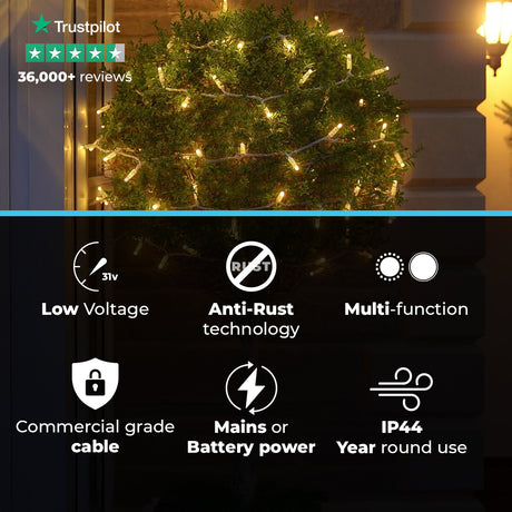 ConnectGo® Warm White Connectable Outdoor Fairy Lights Clear Rubber Cable