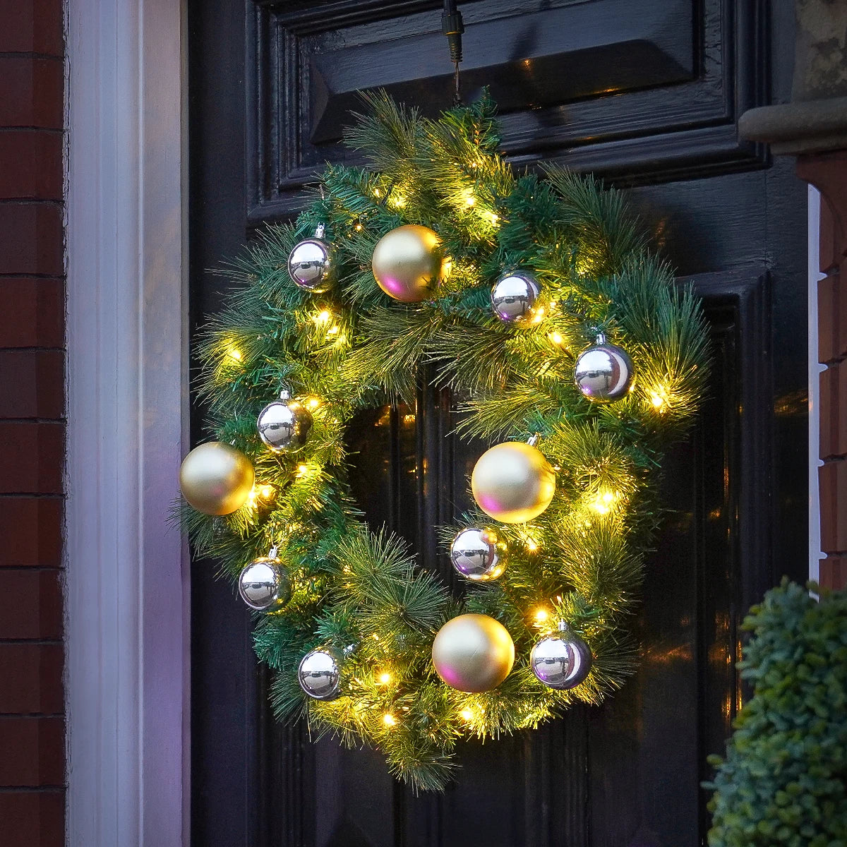 60cm Warm White ConnectGo Wreath with Gold and Silver Baubles