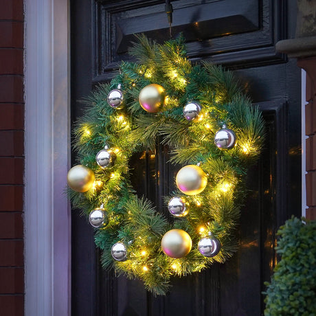 60cm Warm White ConnectGo Wreath with Gold and Silver Baubles