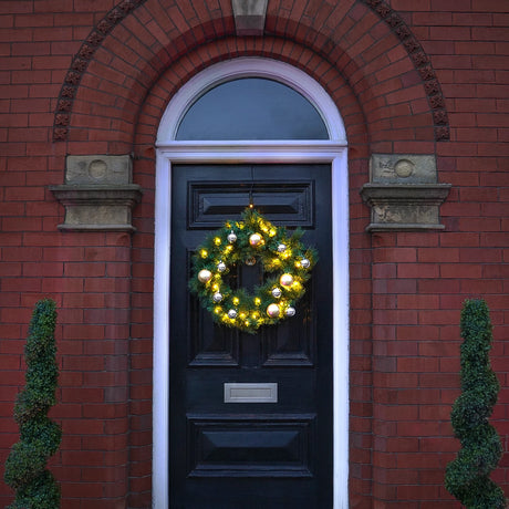 60cm Warm White ConnectGo Wreath with Gold and Silver Baubles
