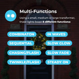 Promotional graphic for a multi-function LED light kit, showing a dark front door with a wreath in the background and text listing features such as combination, in waves, sequential, slow glow, chasing/flash, slow fade, twinkle/flash, and steady on.