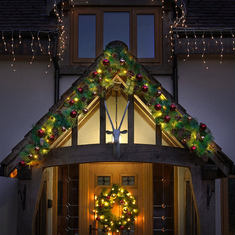 Outdoor ConnectGo® Christmas Garland with Baubles & Pinecones, Warm White LEDs