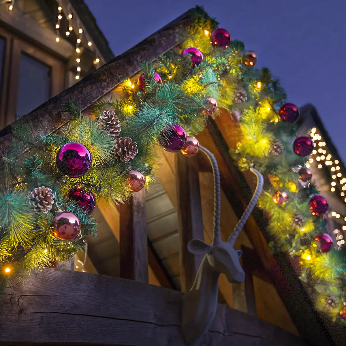 Outdoor ConnectGo® Christmas Garland with Baubles & Pinecones, Warm White LEDs