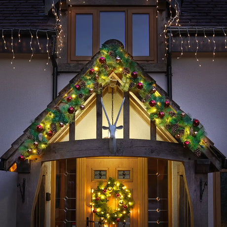 Outdoor ConnectGo® Christmas Garland with Baubles & Pinecones, Warm White LEDs