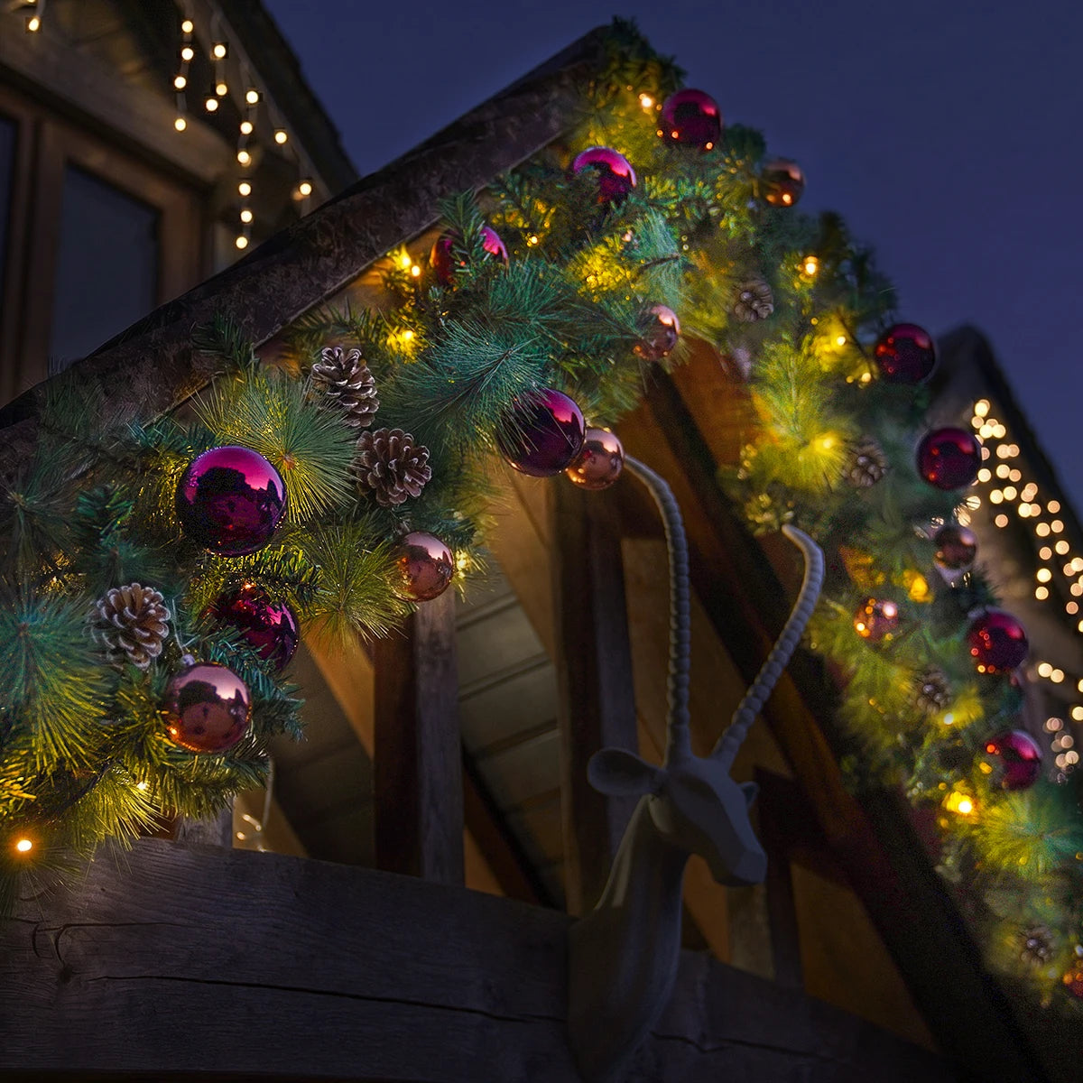 Outdoor ConnectGo® Christmas Garland with Baubles & Pinecones, Warm White LEDs