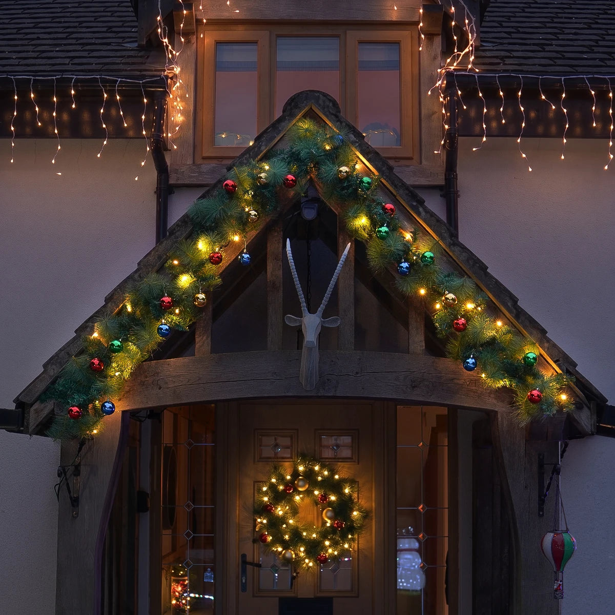 ConnectPro® Pre Lit Outdoor Christmas Garland with Baubles - Warm White LEDs - Connectable