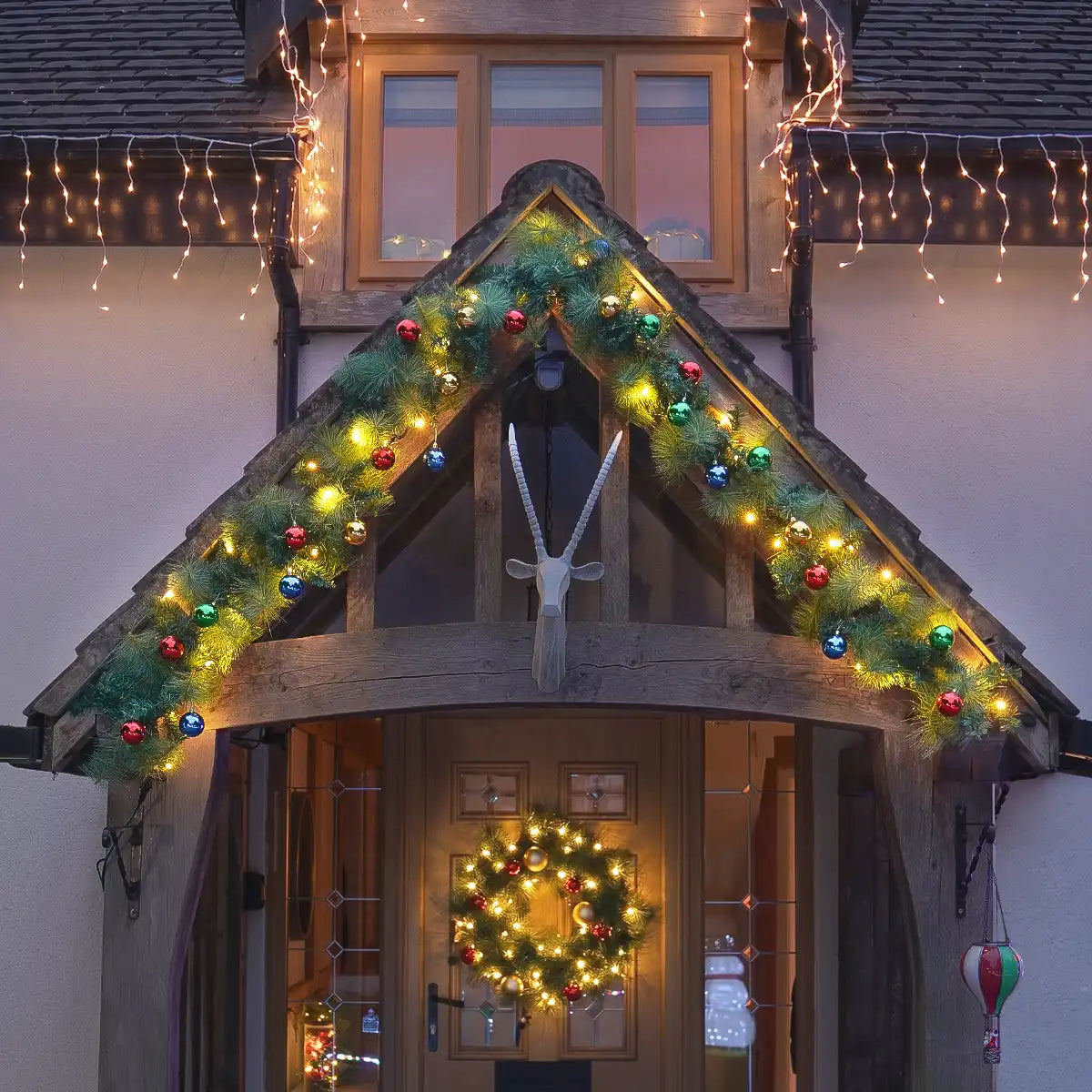ConnectPro® Pre Lit Outdoor Christmas Garland with Baubles - Warm White LEDs - Connectable