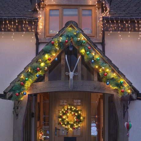 ConnectPro® Pre Lit Outdoor Christmas Garland with Baubles - Warm White LEDs - Connectable