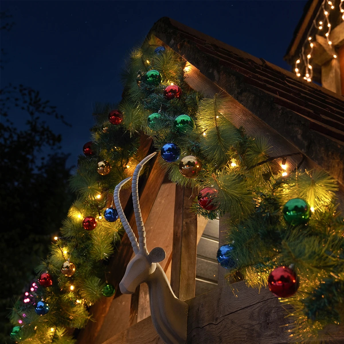 ConnectPro® Pre Lit Outdoor Christmas Garland with Baubles - Warm White LEDs - Connectable