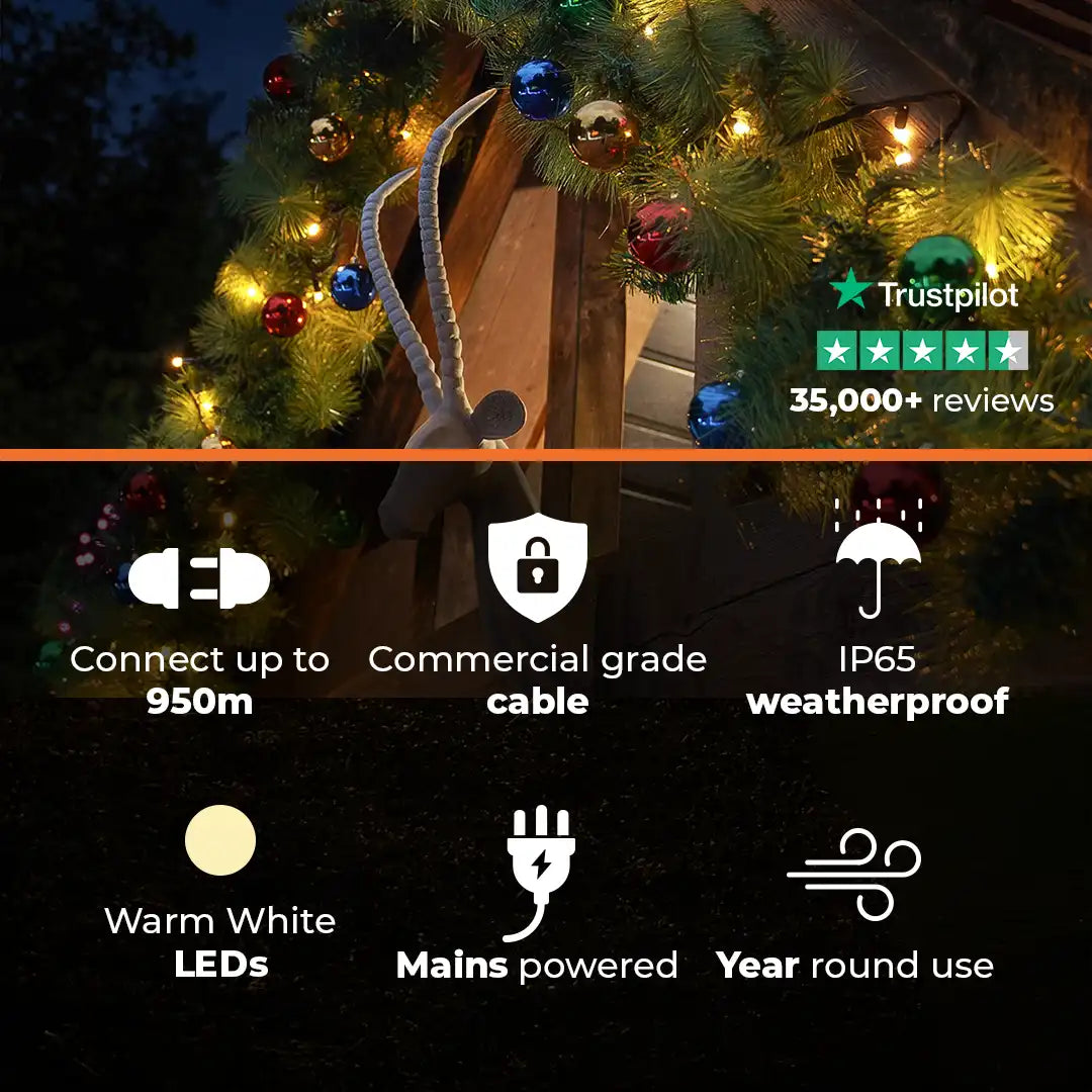 ConnectPro® Pre Lit Outdoor Christmas Garland with Baubles - Warm White LEDs - Connectable