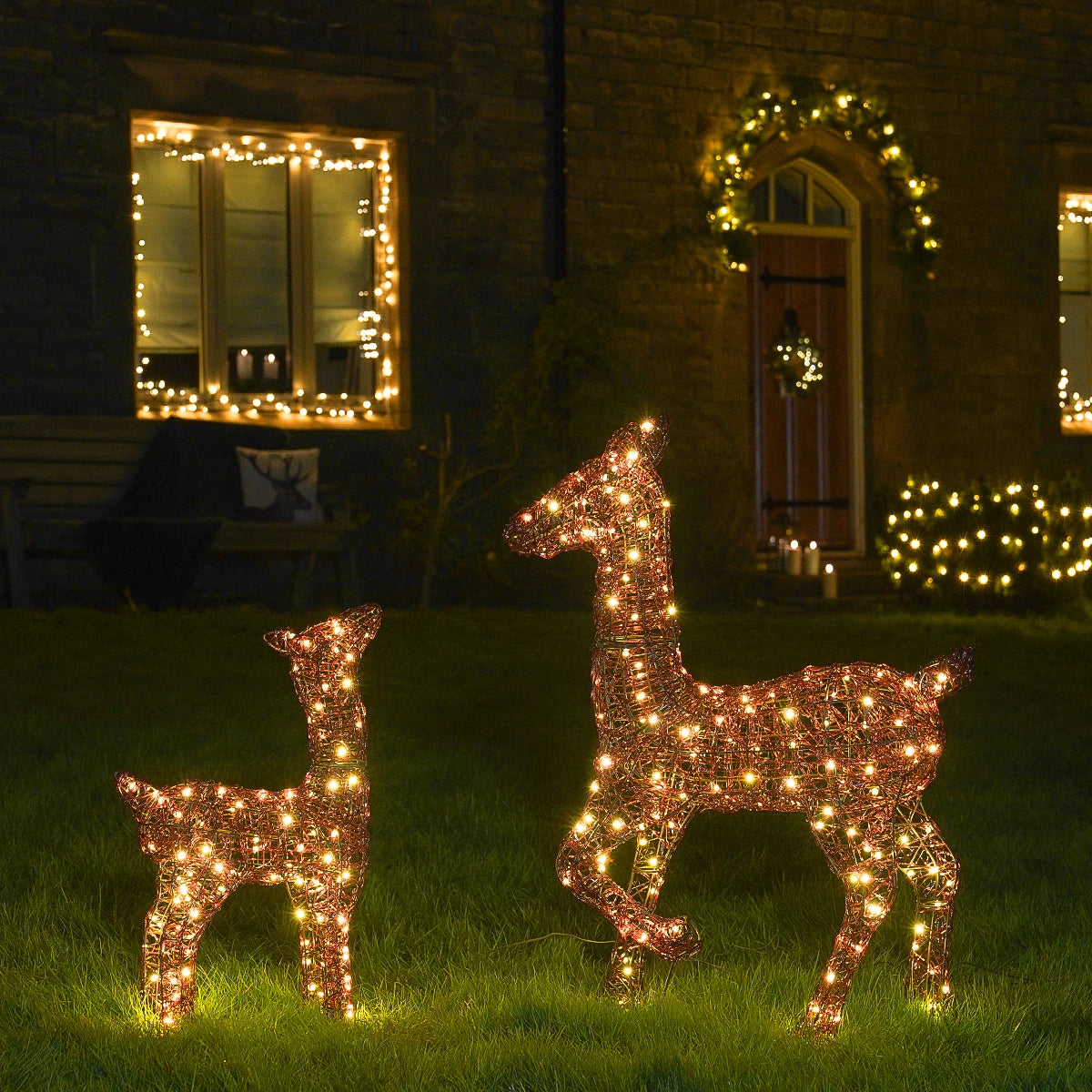 Outdoor Light Up Reindeer Doe & Fawn Christmas Figure Brown Acrylic