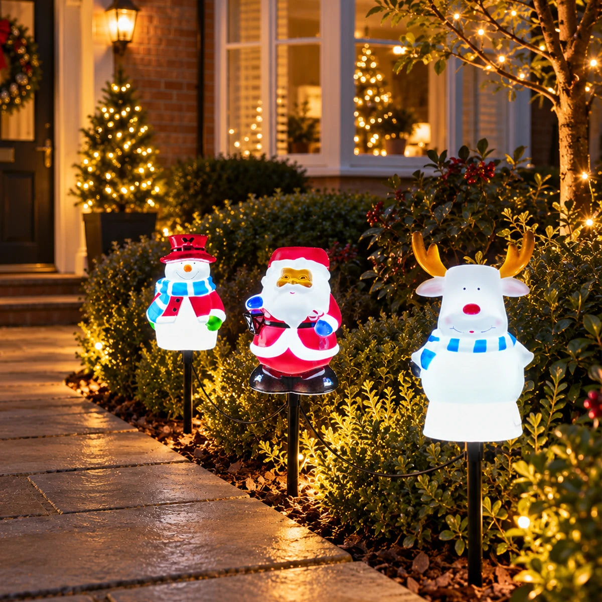 3 Christmas Stake Lights Blow Moulds Santa Snowman Reindeer