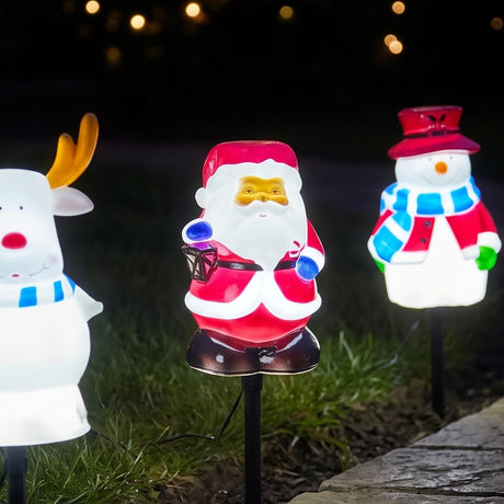 3 Christmas Stake Lights Blow Moulds Santa Snowman Reindeer